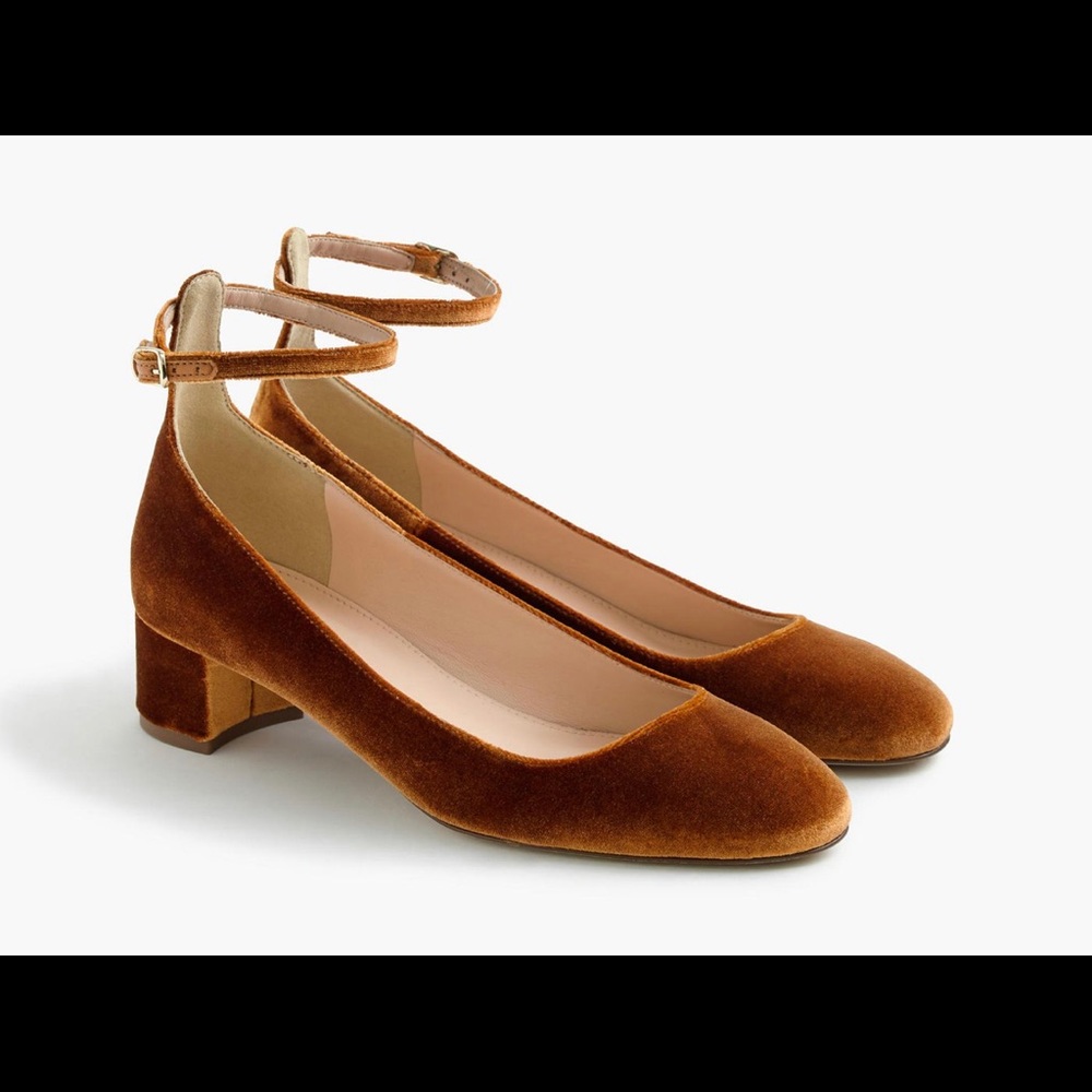 JCrew velvet amber-gold shoes.